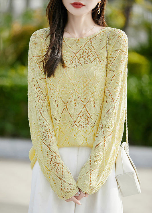 Yellow Hollow Out Solid Knit Sweater O Neck Long Sleeve